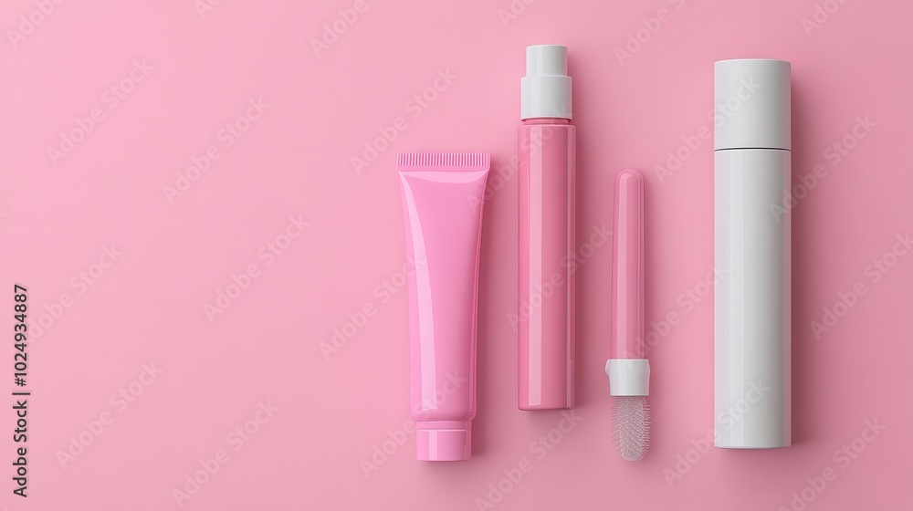 A pink background with a tube, spray bottle, dropper bottle and a white bottle, all in a row from left to right. A pink background with a tube, spray bottle, dropper bottle and a white bottle, all in a row from left to right.