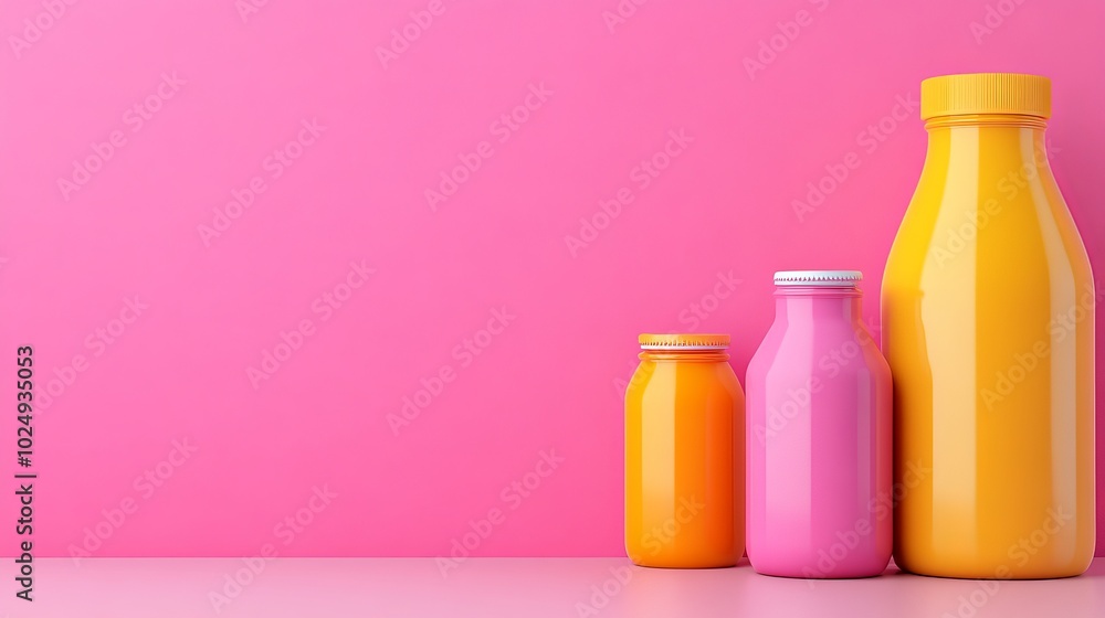 Three glass bottles in orange, pink and yellow on a pink background with copy space. Three glass bottles in orange, pink and yellow on a pink background with copy space.