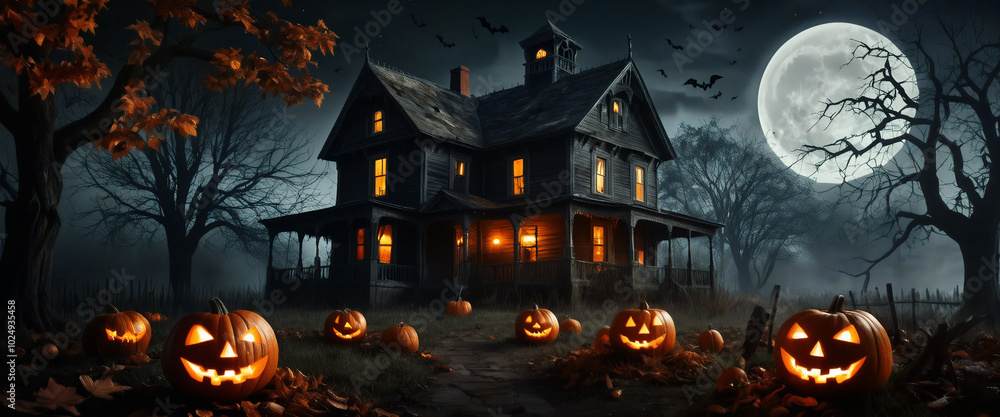 Scary halloween pumpkins glowing in front of haunted house Scary halloween pumpkins glowing in front of haunted house
