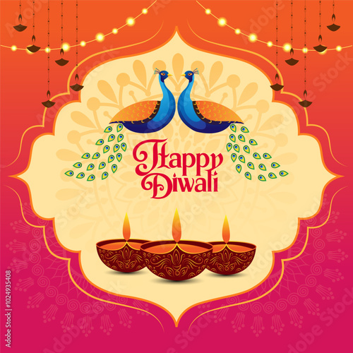 orange and pink background with hanging lanterns A decorative frame with two peacocks and three lit diyas is centered, with Happy Diwali in festive font conveying joy and celebration