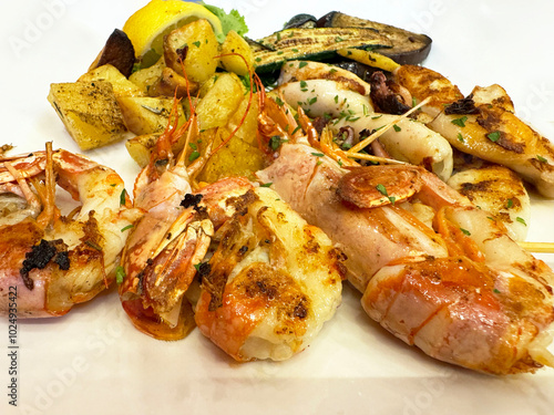 Delicious grilled seafood platter with shrimp, squid, and vegetables on plate