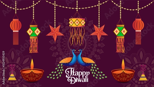  purple background adorned with hanging lanterns stars and festive decorations Two peacocks face each other in the center with diyas and firecrackers at the bottom Happy Diwali is written in a joy