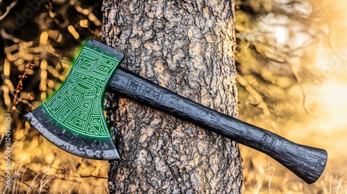 Ancient axe meets modern tech: sleek green digital patterns illuminate weathered blade, blending history with innovation.  photo