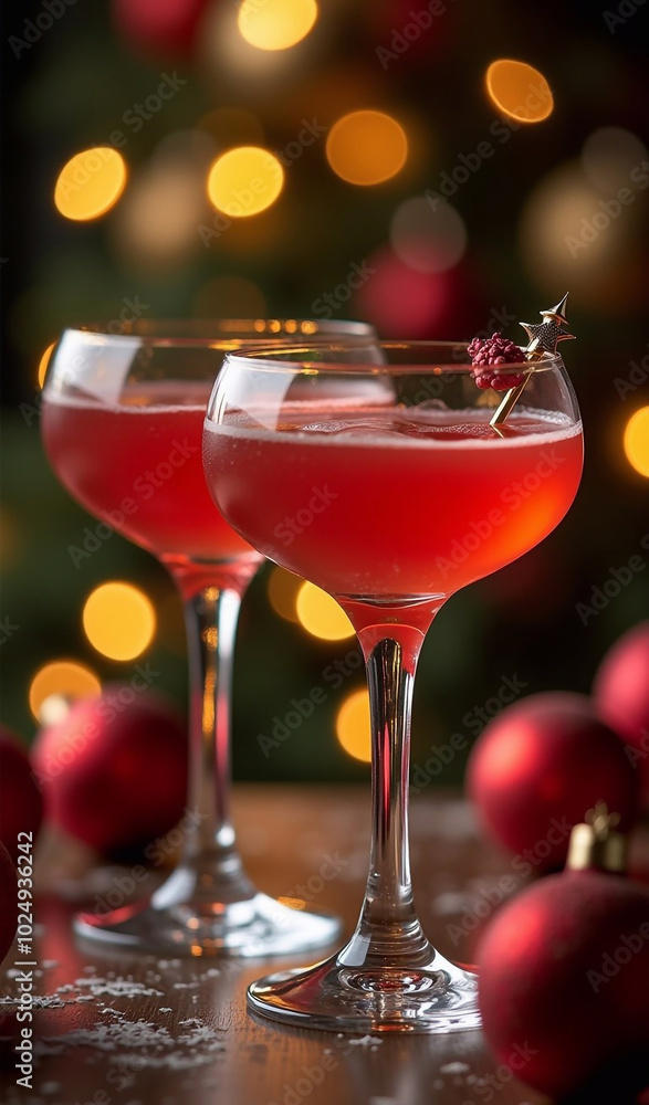 Glasses of cocktails with Christmas decoration on bokeh lights background Glasses of cocktails with Christmas decoration on bokeh lights background