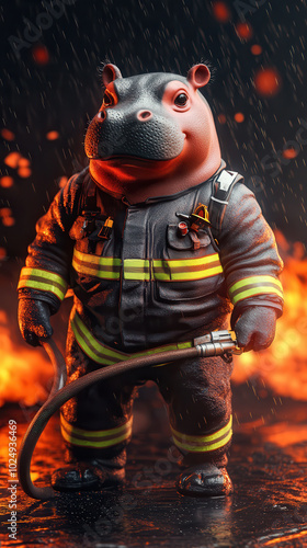 Adorable pygmy hippo as firefighter holding hose in dramatic scene photo