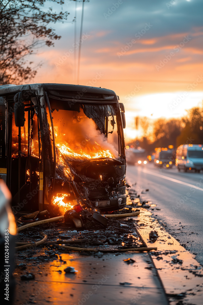 Charred remains of bus engulfed in flames during sunset, showcasing destruction Charred remains of bus engulfed in flames during sunset, showcasing destruction