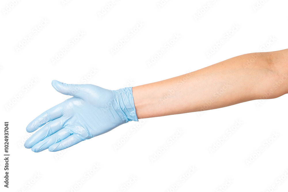 Hand in medical gloves showing greeting gesture on an empty background. Healthcare, friendly interaction, medical communication, design use. Hand in medical gloves showing greeting gesture on an empty background. Healthcare, friendly interaction, medical communication, design use.
