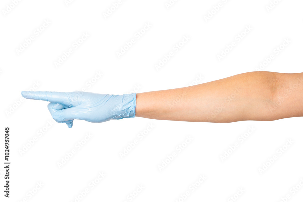 Hand in medical gloves pointing to the side with index finger on an empty background. Direction, instructions, healthcare communication, design use. Hand in medical gloves pointing to the side with index finger on an empty background. Direction, instructions, healthcare communication, design use.