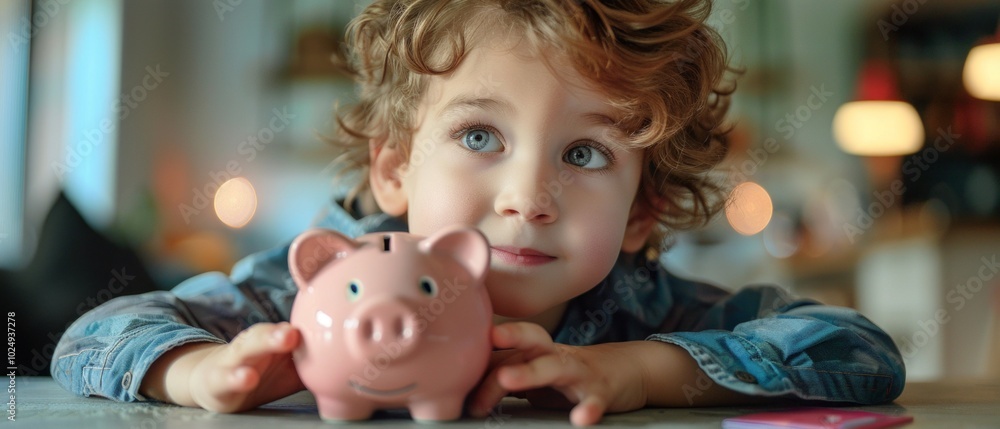 A joyful child with curly hair in a blue denim shirt interacts with a pink piggy bank, exuding happiness and aspiration in a cozy setting. A joyful child with curly hair in a blue denim shirt interacts with a pink piggy bank, exuding happiness and aspiration in a cozy setting.