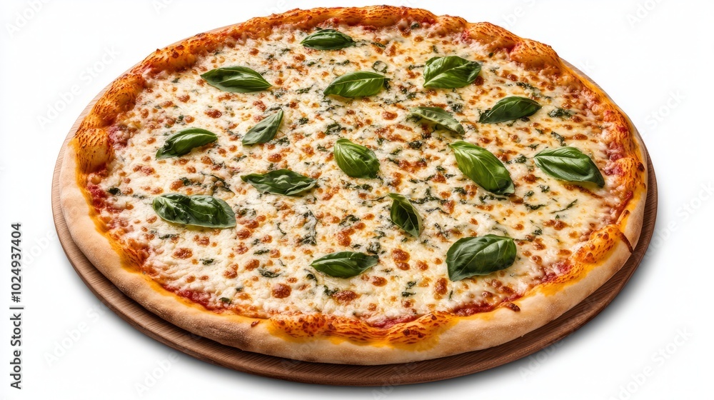 A freshly baked Margherita pizza with melted mozzarella cheese and basil leaves on a wooden board. A freshly baked Margherita pizza with melted mozzarella cheese and basil leaves on a wooden board.