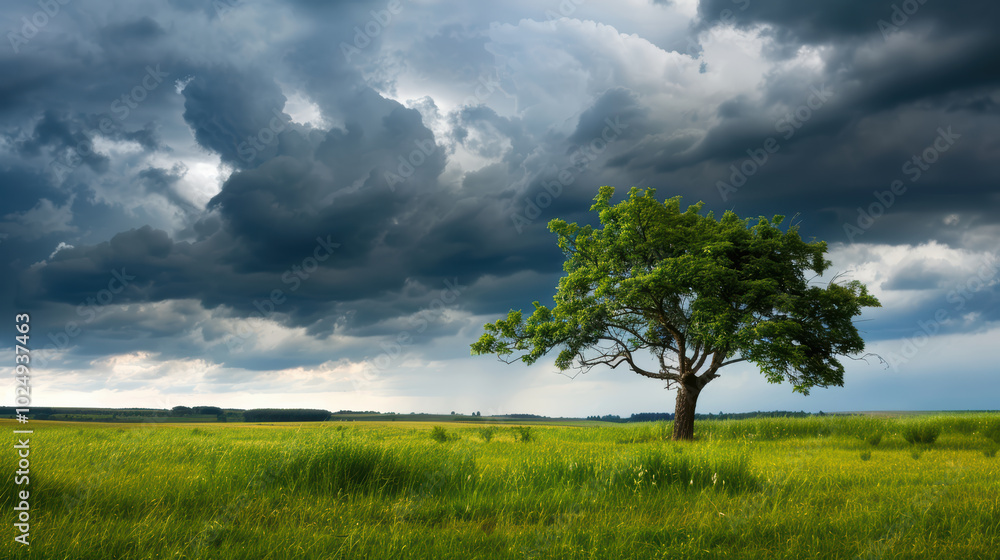 Obraz premium solitary tree stands in vast green field under dramatic sky filled with dark clouds, creating striking contrast between natures beauty and impending weather