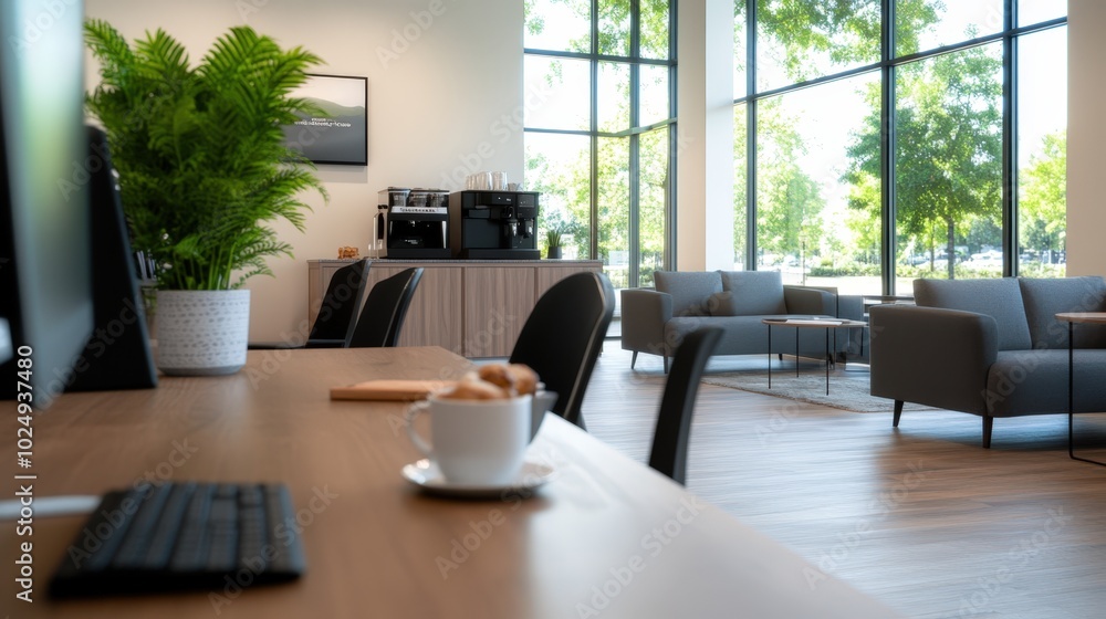 modern office lounge with coffee and laptop modern office lounge with coffee and laptop