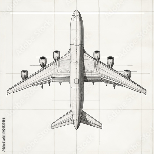 A detailed technical sketch of an airplane, showcasing the structural layout from a top view. Perfect for engineering, aviation, and technical publications. The sketch is clean and precise, providing 