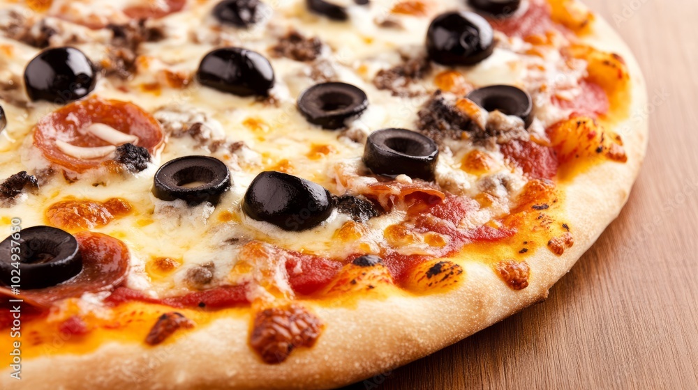 Close-up of a delicious pizza with pepperoni, sausage, and black olives. Close-up of a delicious pizza with pepperoni, sausage, and black olives.