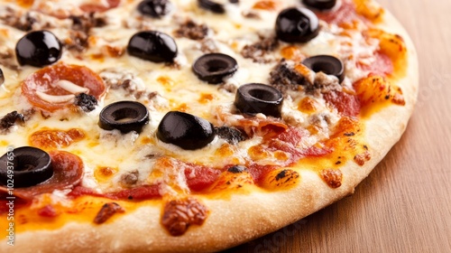 Close-up of a delicious pizza with pepperoni, sausage, and black olives.