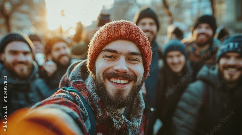 Fototapeta premium Man Taking Selfie with Group