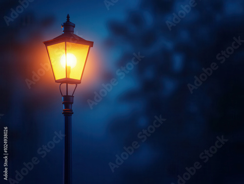 Isolated street lamp glowing softly in foggy night atmosphere