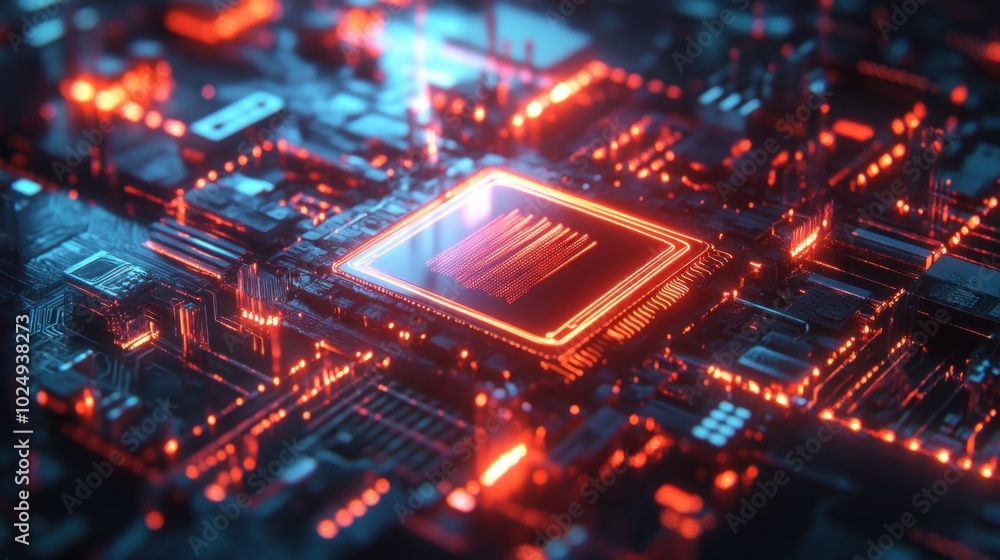 Glowing Red Circuit Board with Processor Chip Glowing Red Circuit Board with Processor Chip