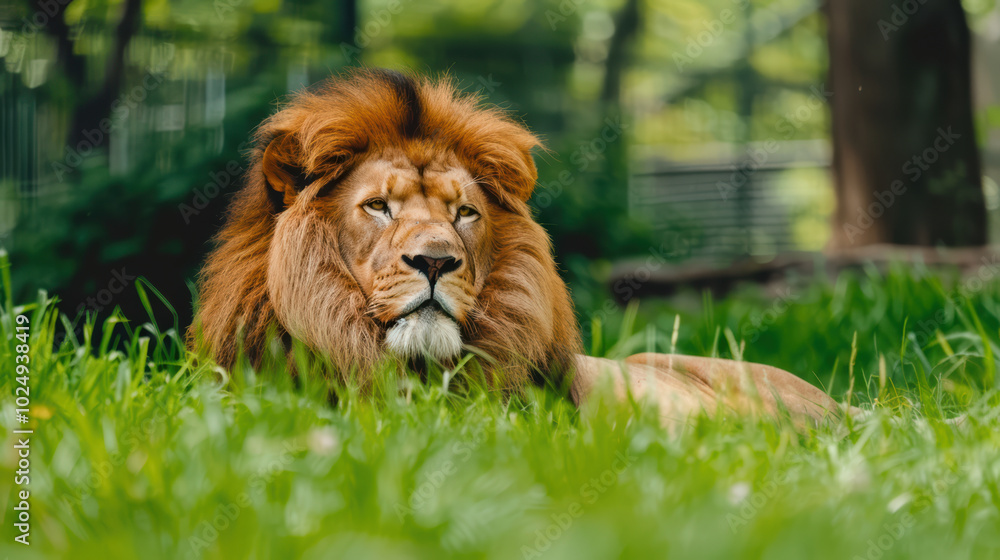 Majestic lion resting in lush green grass, showcasing its impressive mane and calm demeanor. serene environment highlights beauty of this magnificent creature Majestic lion resting in lush green grass, showcasing its impressive mane and calm demeanor. serene environment highlights beauty of this magnificent creature