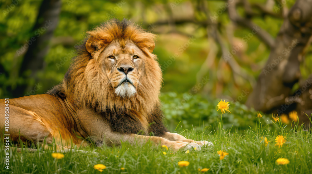 Naklejka premium Majestic lion resting in lush green environment, surrounded by vibrant dandelions. lions impressive mane and calm demeanor evoke sense of strength and tranquility