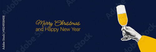 Christmas banner template with halftone hand holding champagne flute glass art collage with gold glitter texture and copy space. Toast, cheers Cut out paper modern retro vector illustration