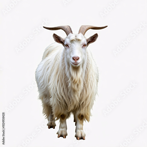 white goat with long fur looking at camera isolated on white background