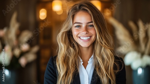 A radiant woman with elegant hair smiling warmly in a stylish setting with soft lighting, conveying beauty and confidence amid floral decorations.