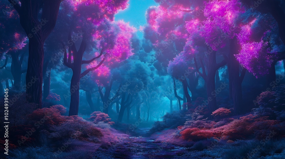 A dreamlike forest with trees glowing in bright neon hues, symbolizing a surreal journey through imagination. A dreamlike forest with trees glowing in bright neon hues, symbolizing a surreal journey through imagination.