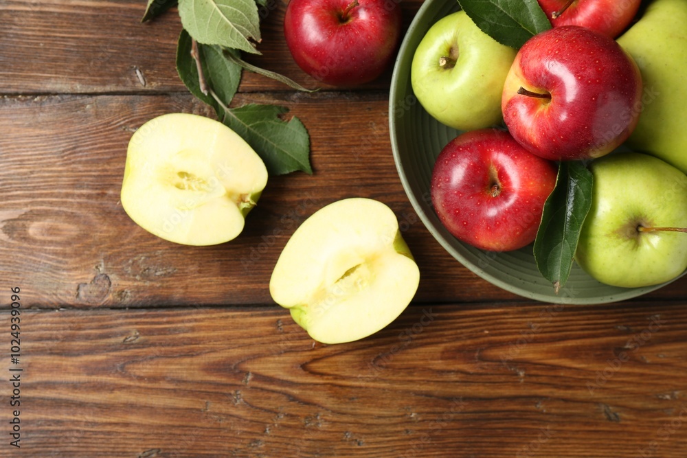 Fresh red and green apples on wooden table, flat lay Fresh red and green apples on wooden table, flat lay