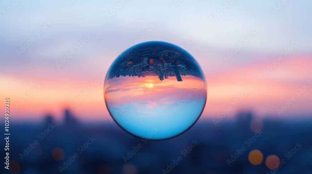 Sunset reflected in crystal ball over city skyline Sunset reflected in crystal ball over city skyline