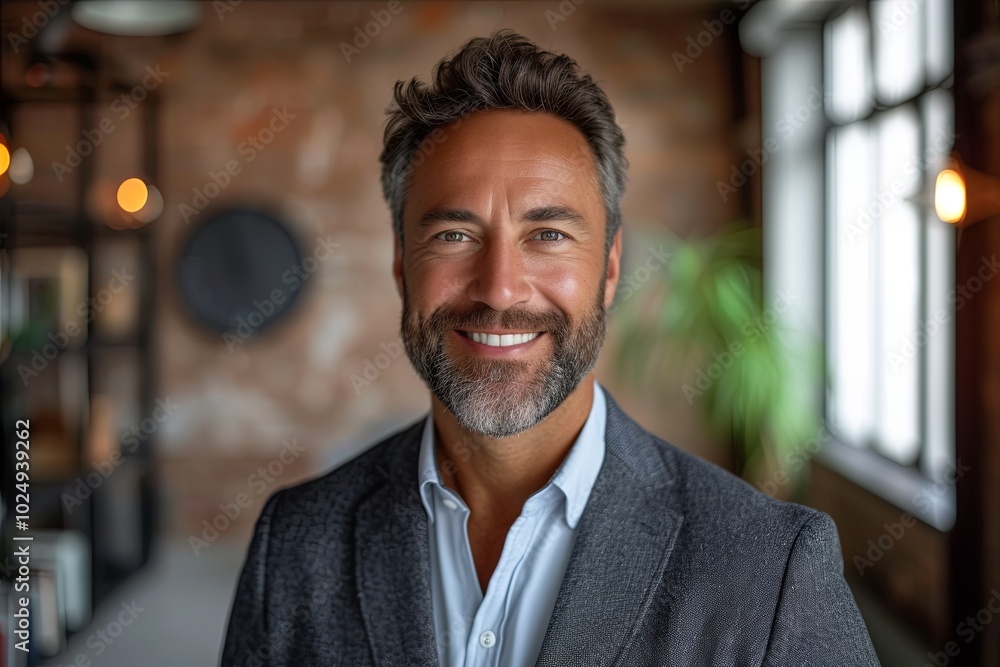 Business man with a beard and a smile is wearing a suit and standing in front of a brick wall Business man with a beard and a smile is wearing a suit and standing in front of a brick wall