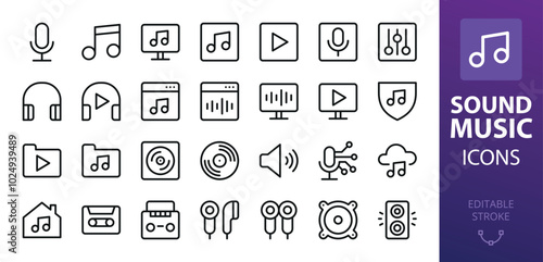 Music and sound isolated icons set. Set of soundtrack, songwriter, music album, listening music, cloud streaming, speech recording mic, tape recorder, audio cassette, earbuds, vinyl record vector icon