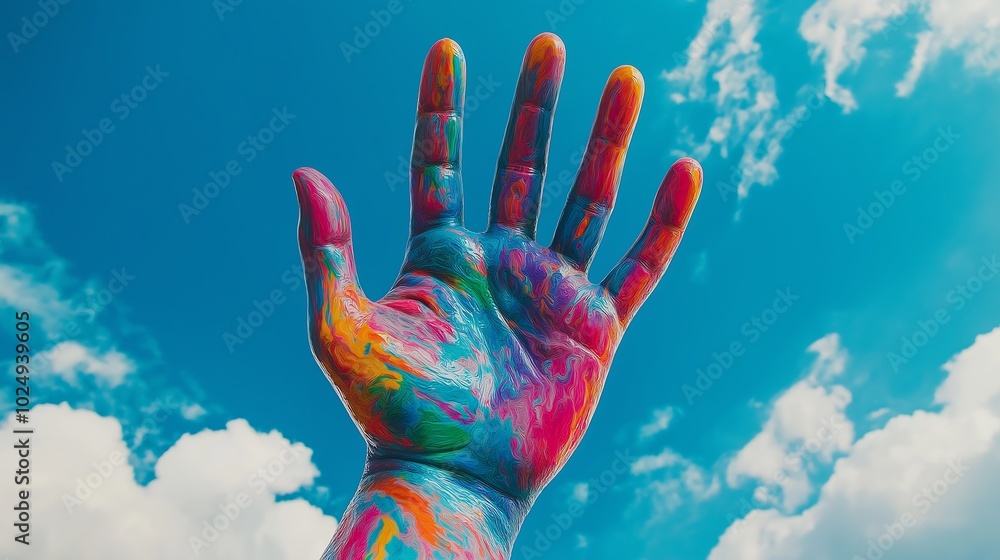 A giant, multicolored hand reaching down from the sky, symbolizing the power of creativity to shape the world. A giant, multicolored hand reaching down from the sky, symbolizing the power of creativity to shape the world.