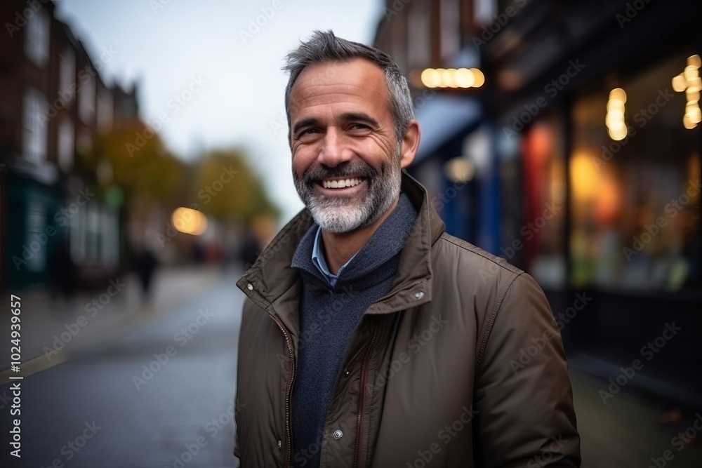 Portrait of a smiling middle-aged man in the city at night Portrait of a smiling middle-aged man in the city at night