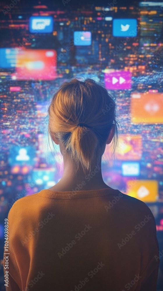 Blonde woman facing digital cityscape, immersed in vibrant social media icons floating amidst neon-lit skyscrapers, symbolizing modern connectivity. Blonde woman facing digital cityscape, immersed in vibrant social media icons floating amidst neon-lit skyscrapers, symbolizing modern connectivity.