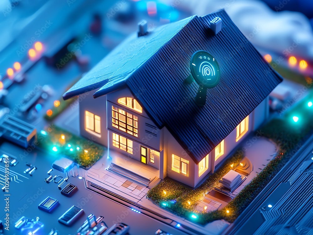A futuristic smart home model with digital interfaces and vibrant lighting, symbolizing innovative technology and modern living concepts. A futuristic smart home model with digital interfaces and vibrant lighting, symbolizing innovative technology and modern living concepts.