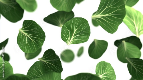 Fresh green cabbage leaves falling against a white background.