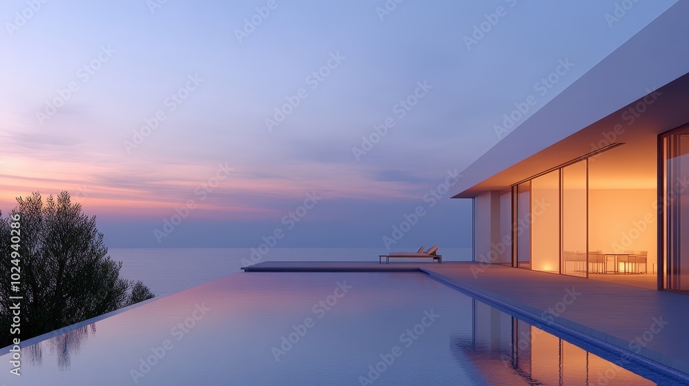 Luxury villa with infinity pool overlooking the ocean at sunset Luxury villa with infinity pool overlooking the ocean at sunset