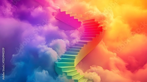 A rainbow spiral staircase leading up into a cloud of bright colors, symbolizing the ascent through creativity.