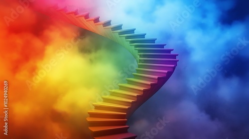 A rainbow spiral staircase leading up into a cloud of bright colors, symbolizing the ascent through creativity.