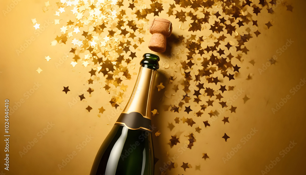 Fototapeta premium Popped Champagne Bottle with Golden Star Confetti Celebration Against a Gold Backdrop