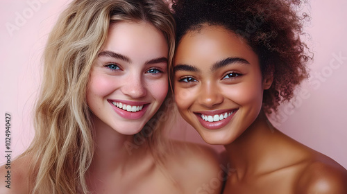 Two smiling individuals with natural beauty against a soft background.