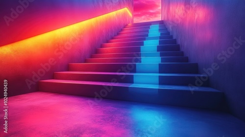 Colorful staircase leading to a vibrant, illuminated doorway.