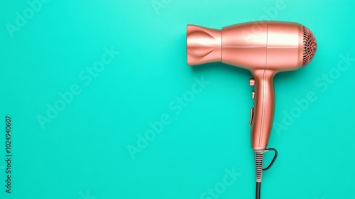 Rose gold hairdryer on turquoise background.