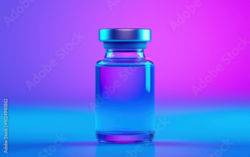 A vial of liquid with a blue and purple glow This photo can be used for concepts related to science, technology, medicine, or research