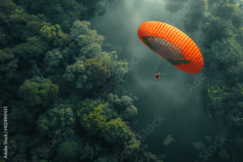Flying a parachute in a forest. The sky is cloudy and the trees are green