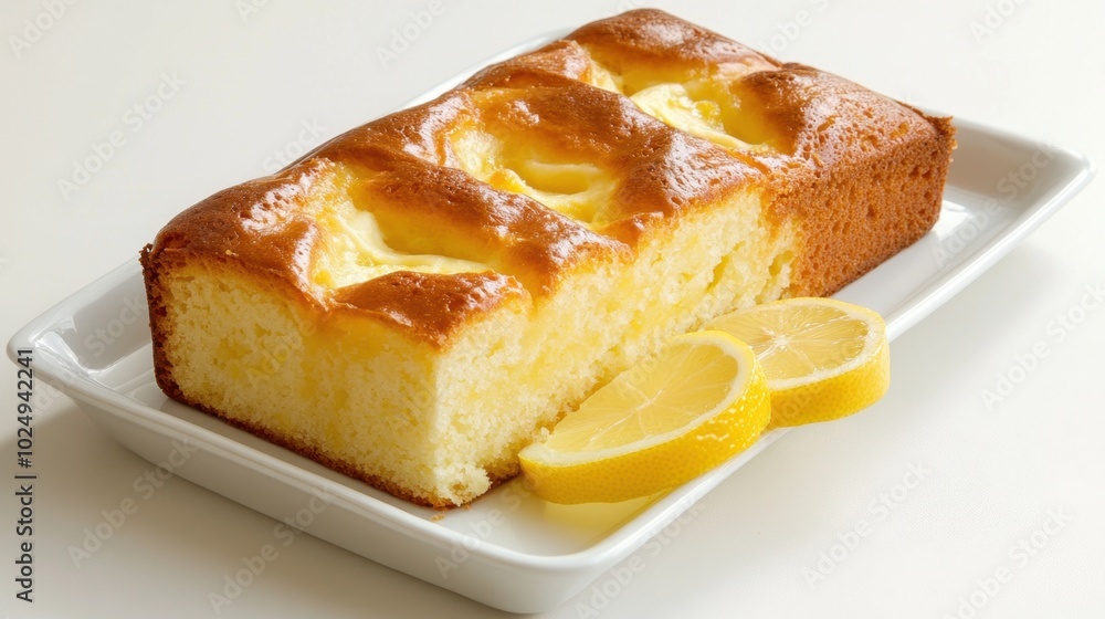 A beautifully baked Italian lemon ricotta cake, golden and soft, served with lemon slices on a white plate, showcasing its sweet and tangy flavor A beautifully baked Italian lemon ricotta cake, golden and soft, served with lemon slices on a white plate, showcasing its sweet and tangy flavor