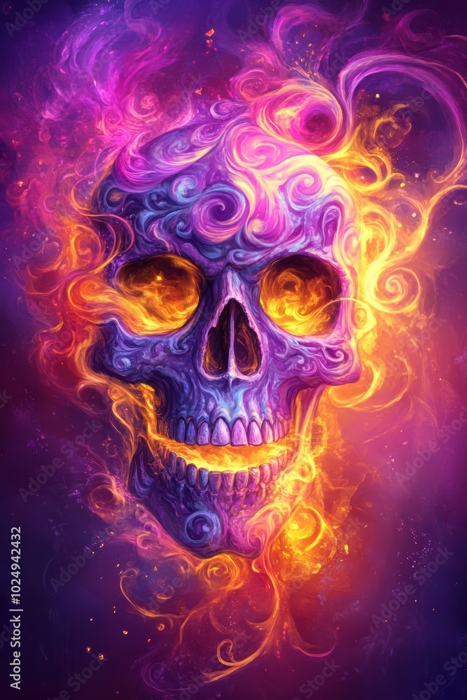 Vibrant fiery skull with purple, orange, and pink glowing flames swirling around against a dark background. Vibrant fiery skull with purple, orange, and pink glowing flames swirling around against a dark background.