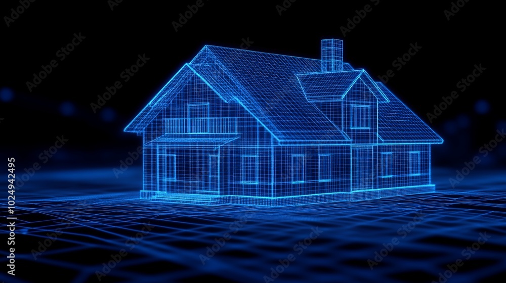 A 3D wireframe model of a house with a dark blue glow, against a dark background with a grid pattern. A 3D wireframe model of a house with a dark blue glow, against a dark background with a grid pattern.