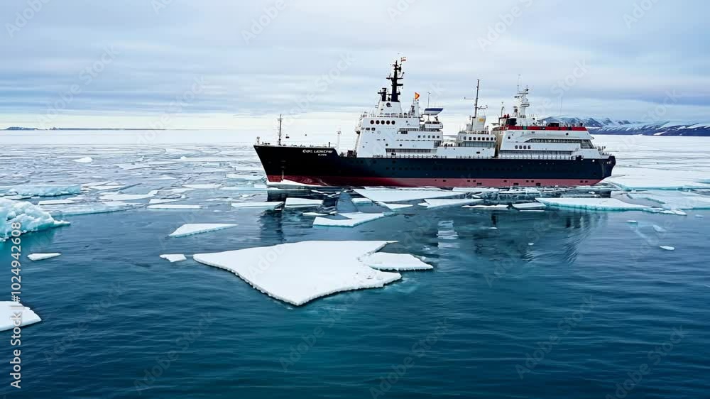 An icebreaker in the middle of an endless sea of ice and water. Amidst the endless sea of ice, the icebreaker makes its way forward, providing a glimpse into the serene beauty of the frozen world. An icebreaker in the middle of an endless sea of ice and water. Amidst the endless sea of ice, the icebreaker makes its way forward, providing a glimpse into the serene beauty of the frozen world.